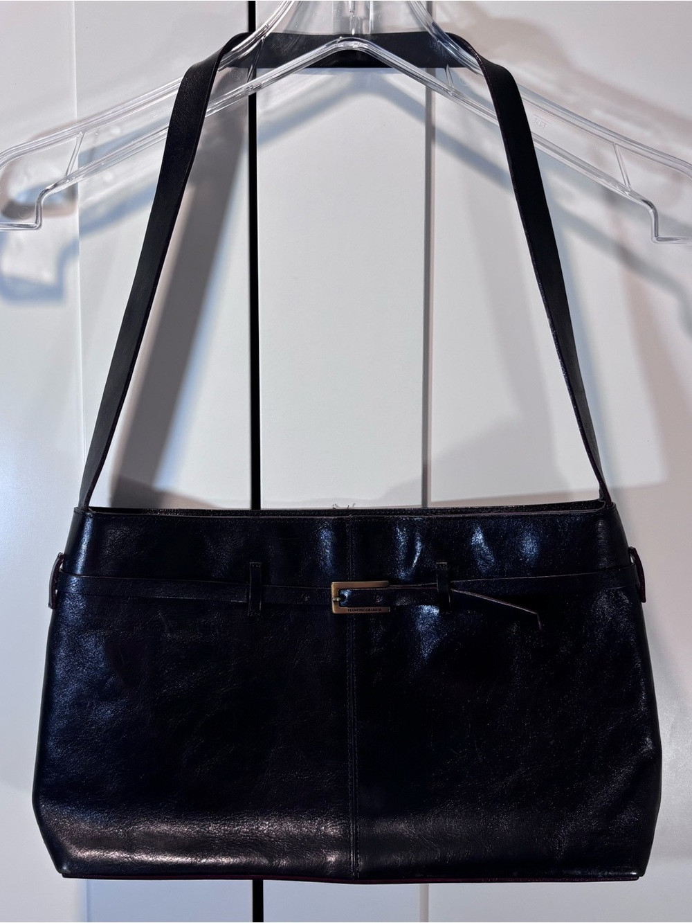Francesco Biasia Leather Vintage Black Shoulder Bag Made in Italy Purse Red Line